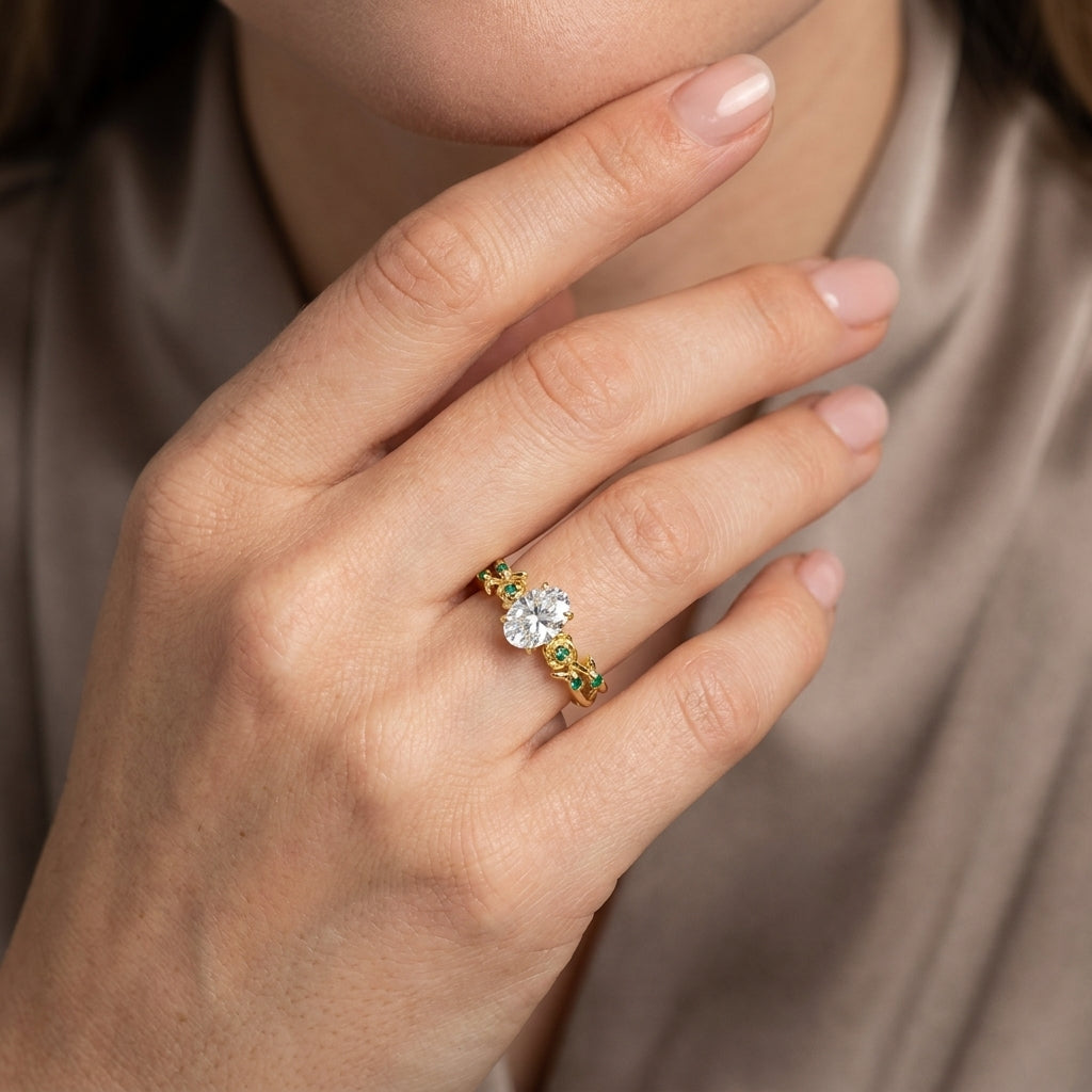 Oval Cut Lab Grown Diamond Engagement Ring, Emerald Floral Vine Band, Yellow Gold Nature  Proposal Ring