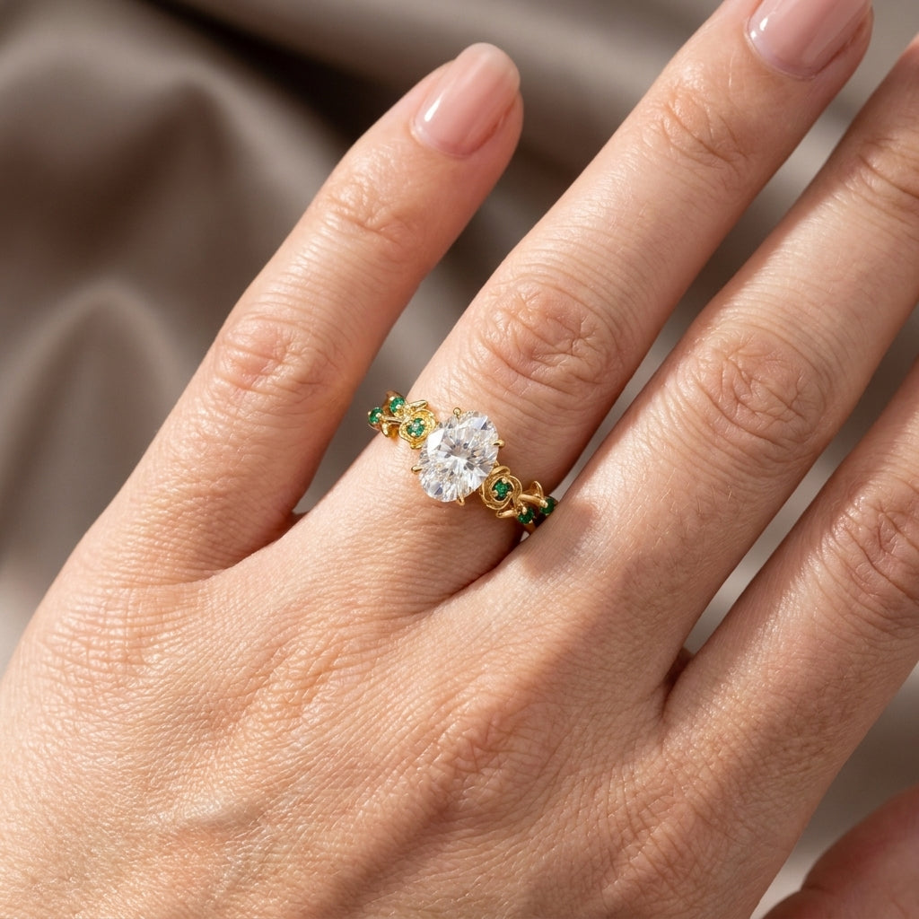 Oval Cut Lab Grown Diamond Engagement Ring, Emerald Floral Vine Band, Yellow Gold Nature  Proposal Ring