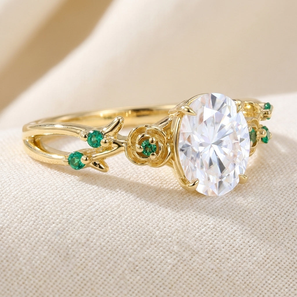 Oval Cut Lab Grown Diamond Engagement Ring, Emerald Floral Vine Band, Yellow Gold Nature  Proposal Ring