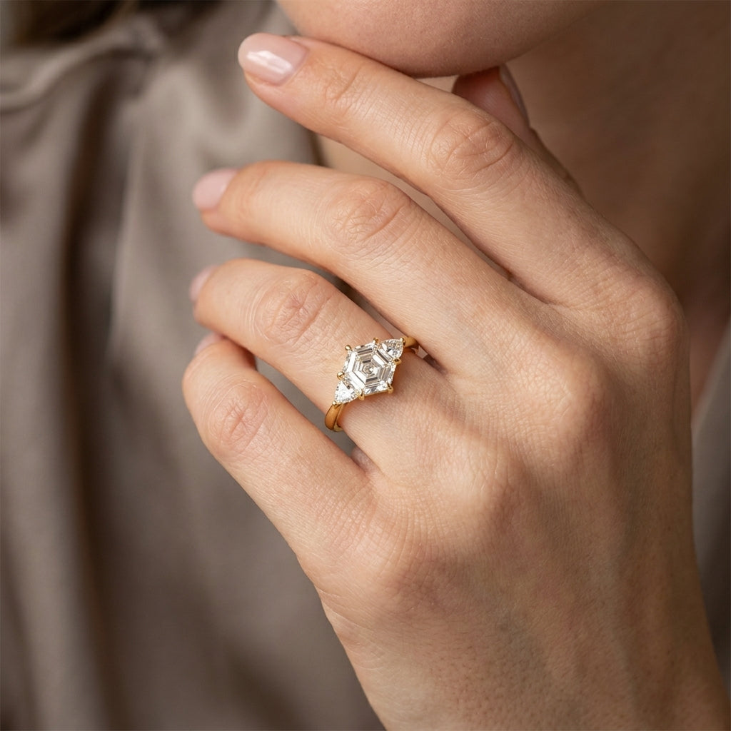 Hexagon Cut Lab Grown Diamond Engagement Ring, Pear Side Stones, Geometric Yellow Gold Three Stone Proposal Ring