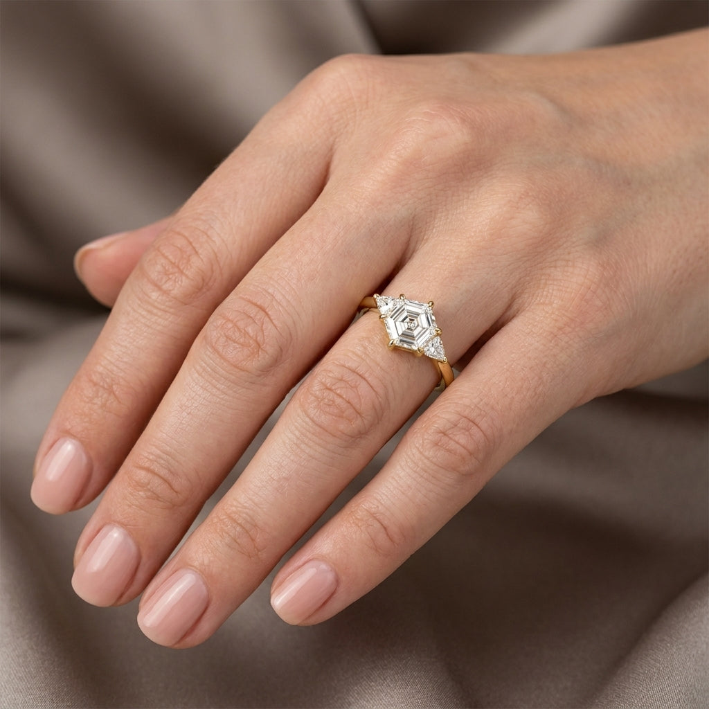Hexagon Cut Lab Grown Diamond Engagement Ring, Pear Side Stones, Geometric Yellow Gold Three Stone Proposal Ring