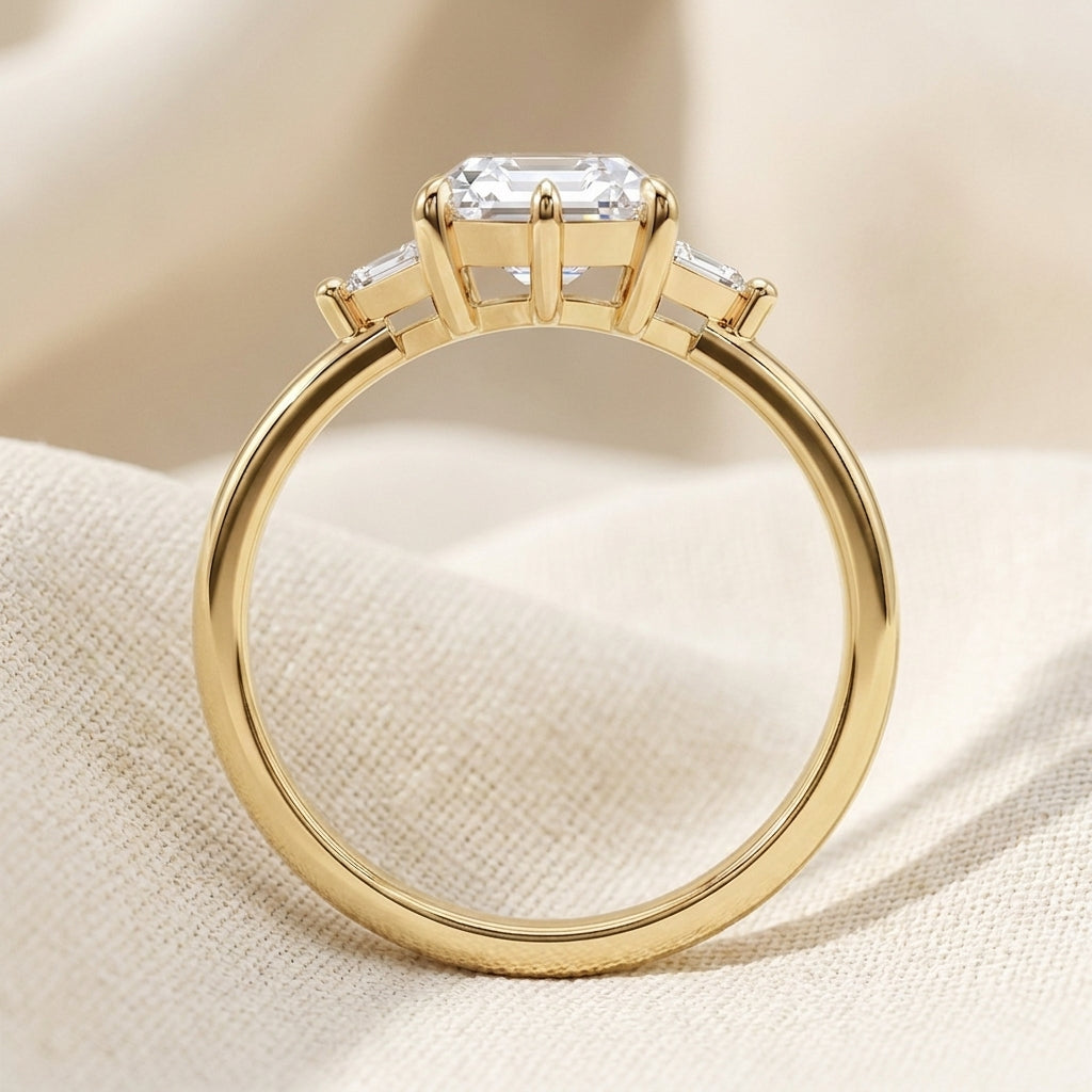 Hexagon Cut Lab Grown Diamond Engagement Ring, Pear Side Stones, Geometric Yellow Gold Three Stone Proposal Ring
