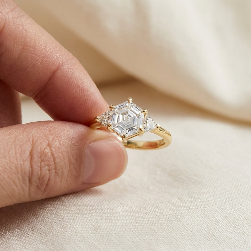 Hexagon Cut Lab Grown Diamond Engagement Ring, Pear Side Stones, Geometric Yellow Gold Three Stone Proposal Ring