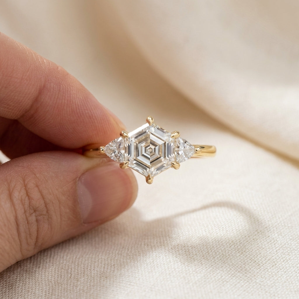 Hexagon Cut Lab Grown Diamond Engagement Ring, Pear Side Stones, Geometric Yellow Gold Three Stone Proposal Ring