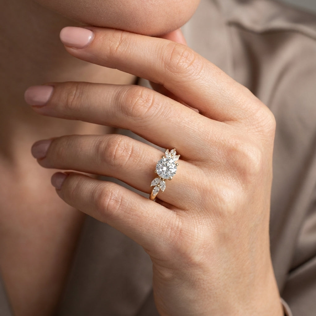 Round Cut Lab Grown Diamond Engagement Ring, Marquise Leaf Side Stones, Yellow Gold Nature Inspired  Rin