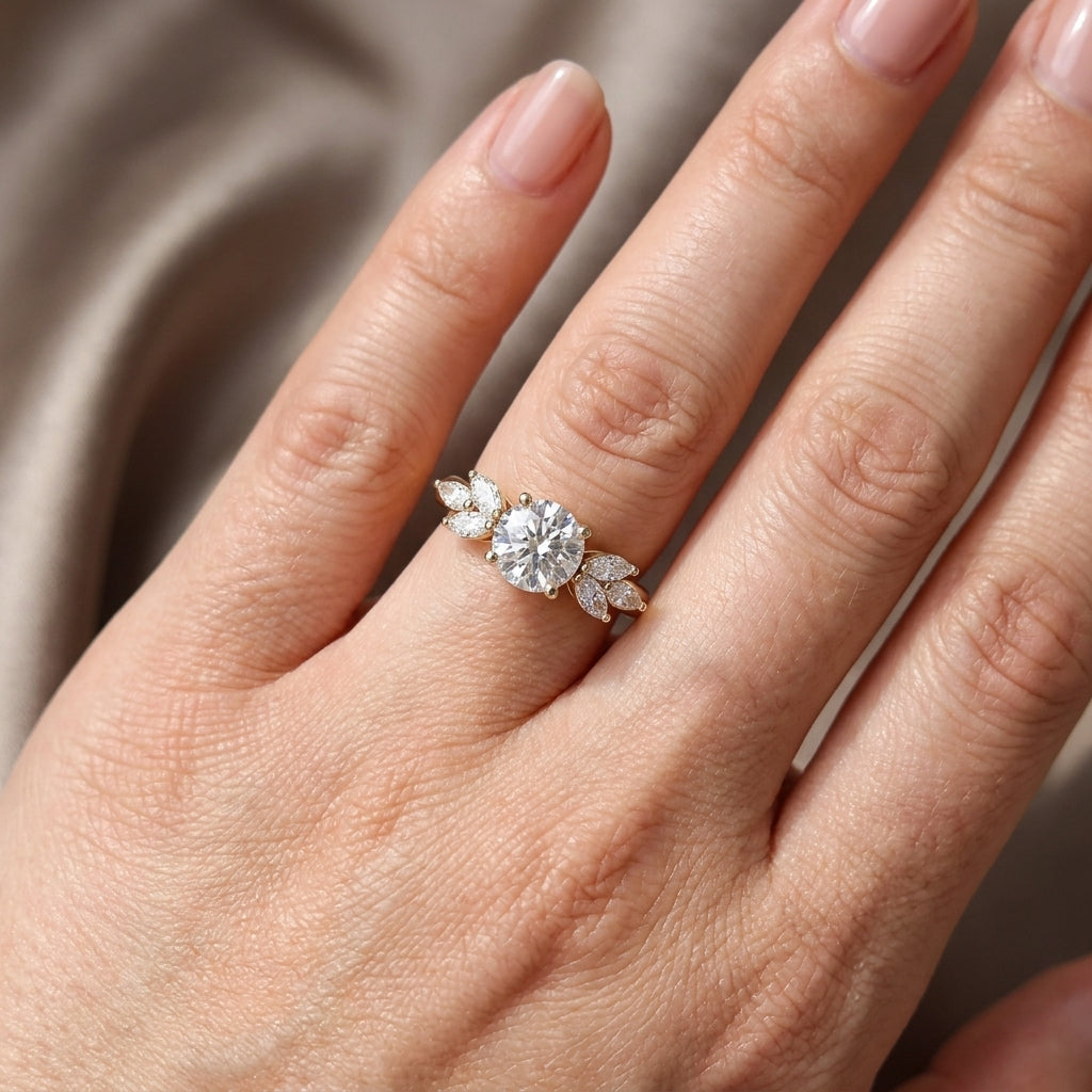 Round Cut Lab Grown Diamond Engagement Ring, Marquise Leaf Side Stones, Yellow Gold Nature Inspired  Rin