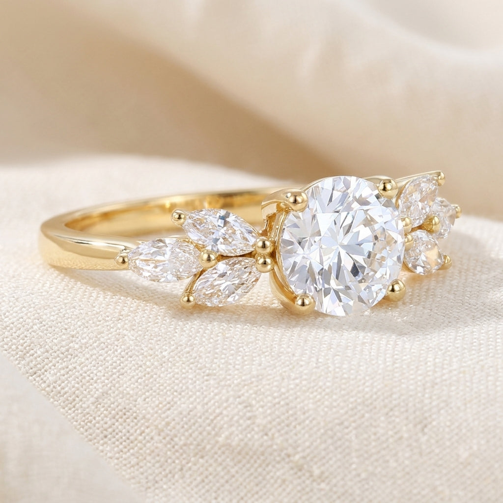 Round Cut Lab Grown Diamond Engagement Ring, Marquise Leaf Side Stones, Yellow Gold Nature Inspired  Rin