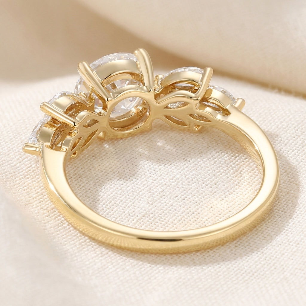 Round Cut Lab Grown Diamond Engagement Ring, Marquise Leaf Side Stones, Yellow Gold Nature Inspired  Rin