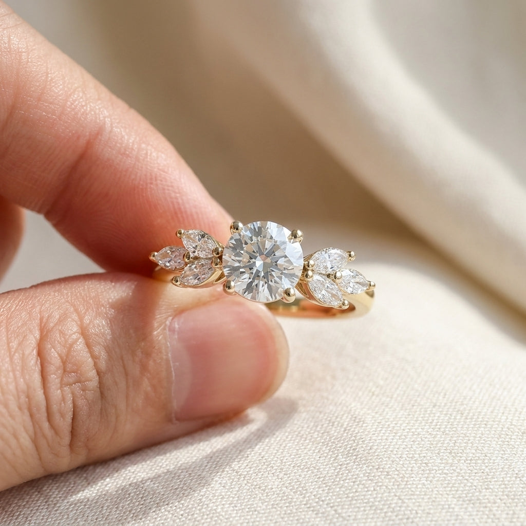 Round Cut Lab Grown Diamond Engagement Ring, Marquise Leaf Side Stones, Yellow Gold Nature Inspired  Rin