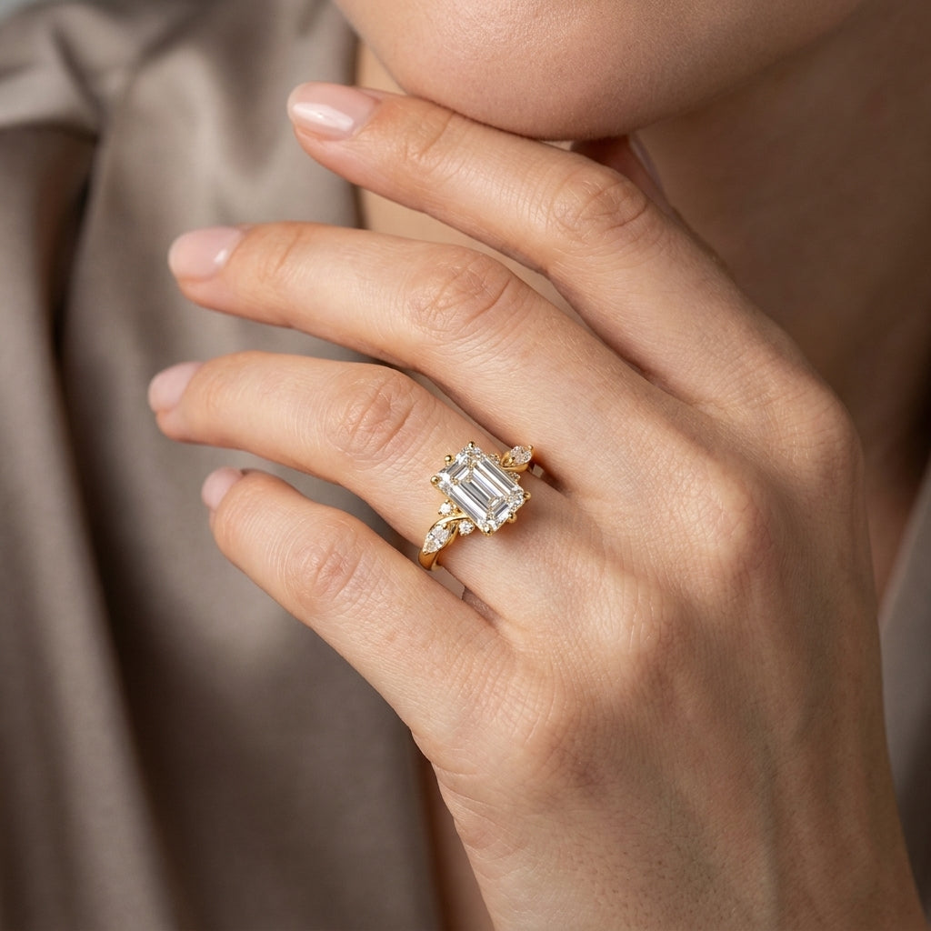 Emerald Cut Lab Grown Diamond Engagement Ring, Marquise Leaf Side Stones, Yellow Gold Nature Ring