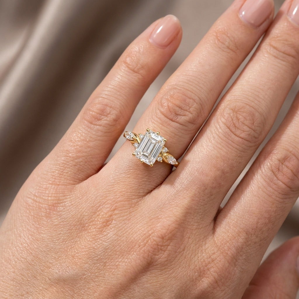 Emerald Cut Lab Grown Diamond Engagement Ring, Marquise Leaf Side Stones, Yellow Gold Nature Ring