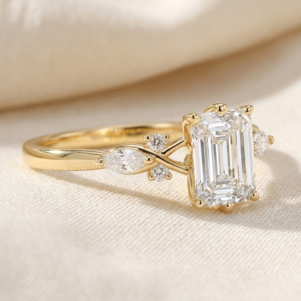 Emerald Cut Lab Grown Diamond Engagement Ring, Marquise Leaf Side Stones, Yellow Gold Nature Ring
