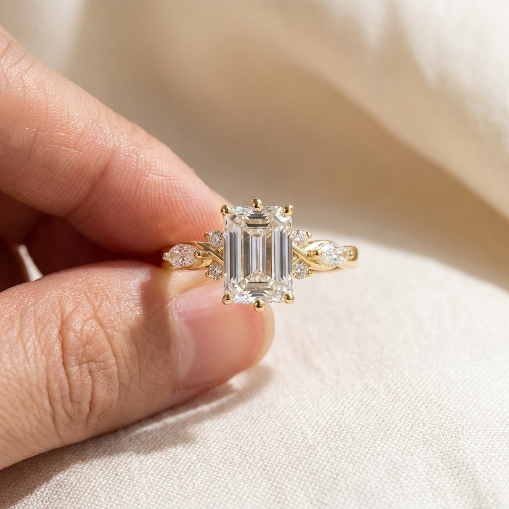 Emerald Cut Lab Grown Diamond Engagement Ring, Marquise Leaf Side Stones, Yellow Gold Nature Ring