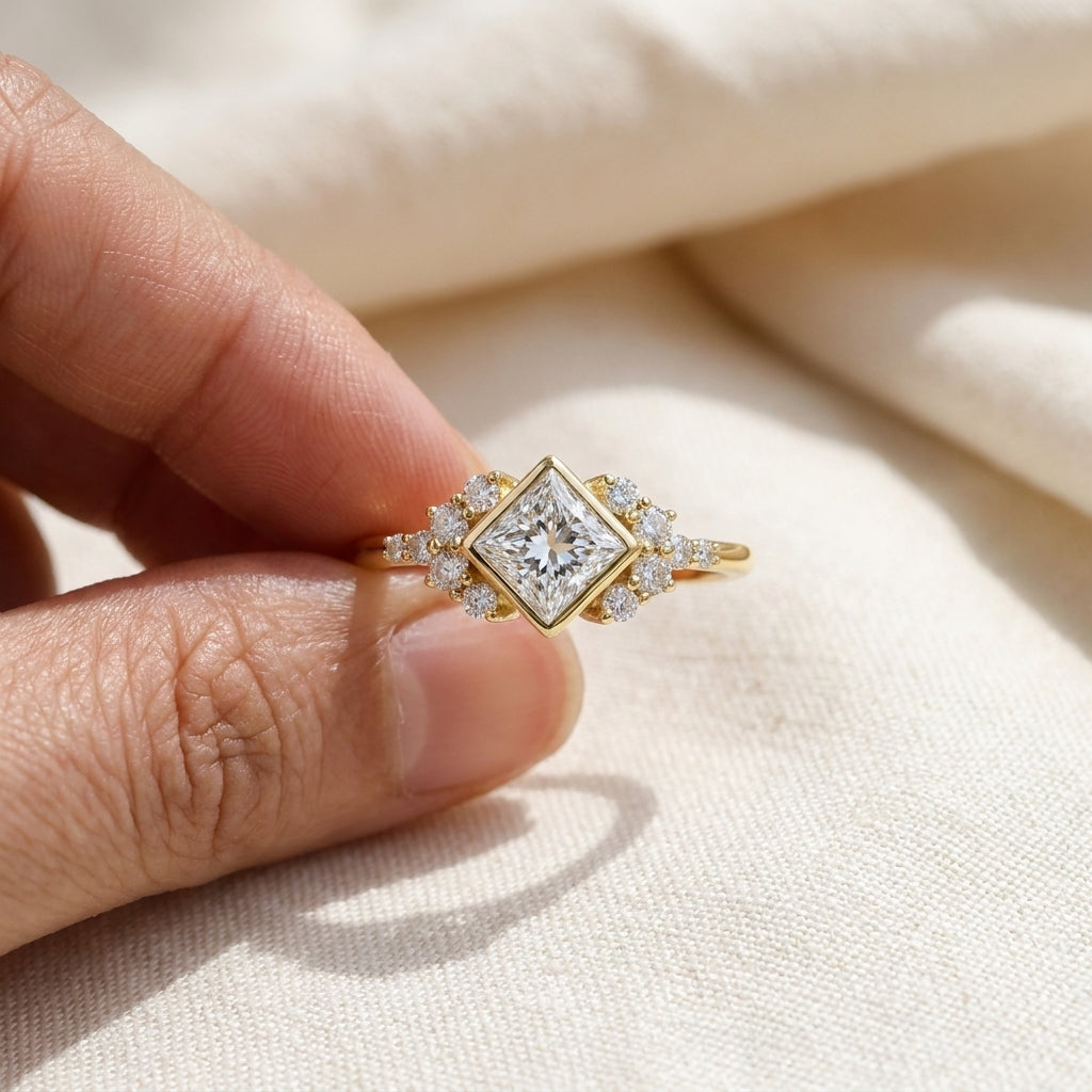 Princess Cut Lab Grown Diamond Engagement Ring, Kite Set Floral Side Stones, Yellow Gold Vintage  Ring