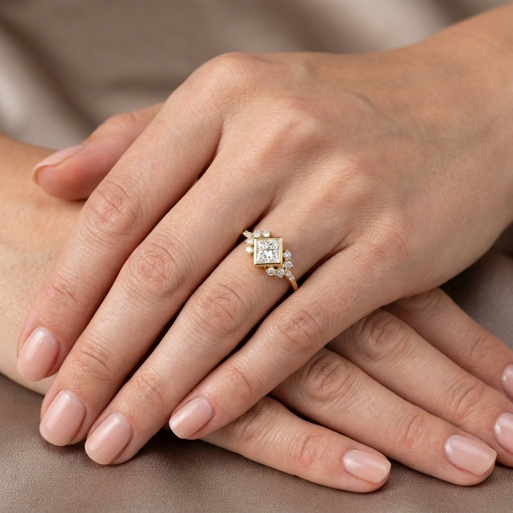 Princess Cut Lab Grown Diamond Engagement Ring, Kite Set Floral Side Stones, Yellow Gold Vintage  Ring