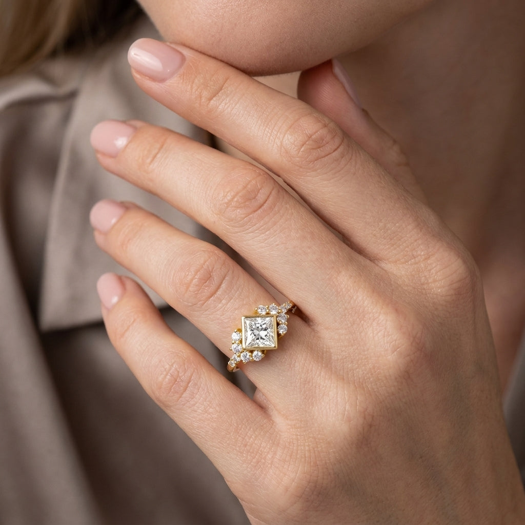 Princess Cut Lab Grown Diamond Engagement Ring, Kite Set Floral Side Stones, Yellow Gold Vintage  Ring