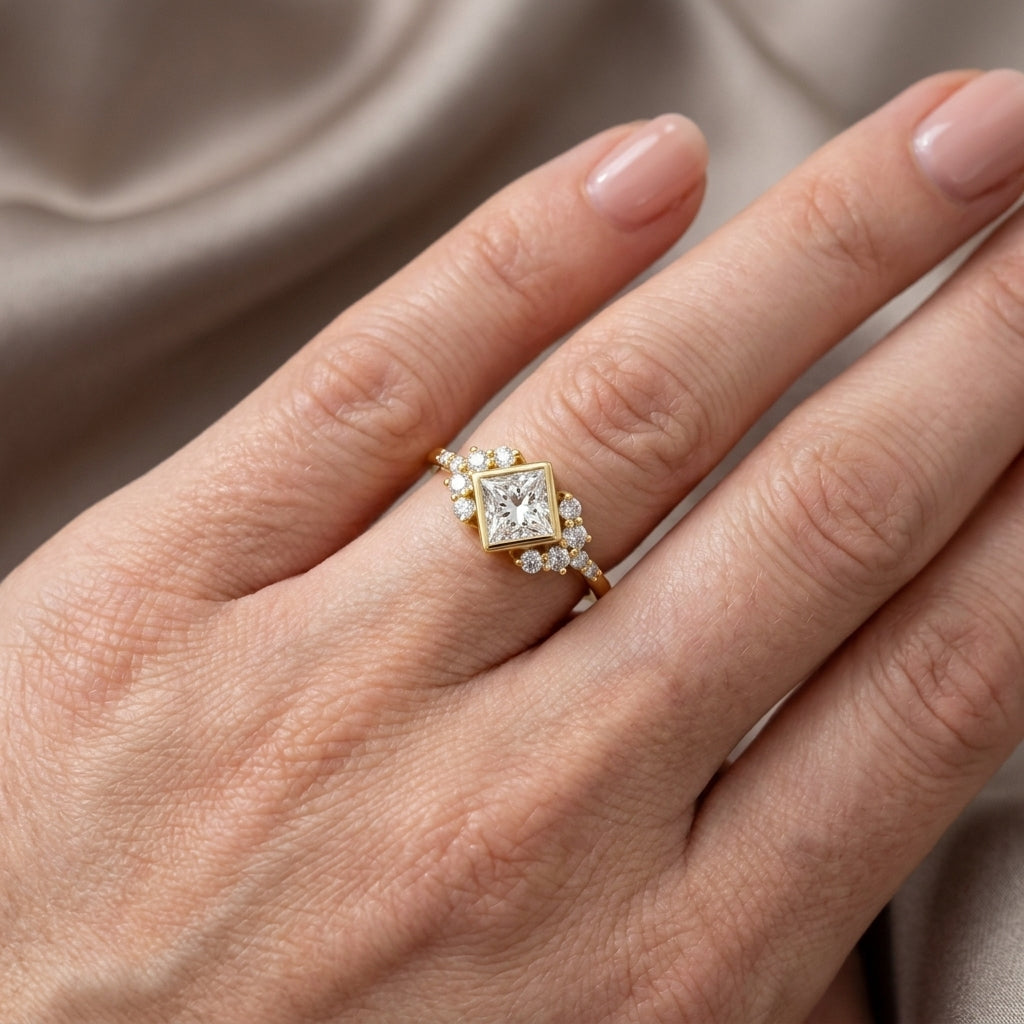 Princess Cut Lab Grown Diamond Engagement Ring, Kite Set Floral Side Stones, Yellow Gold Vintage  Ring