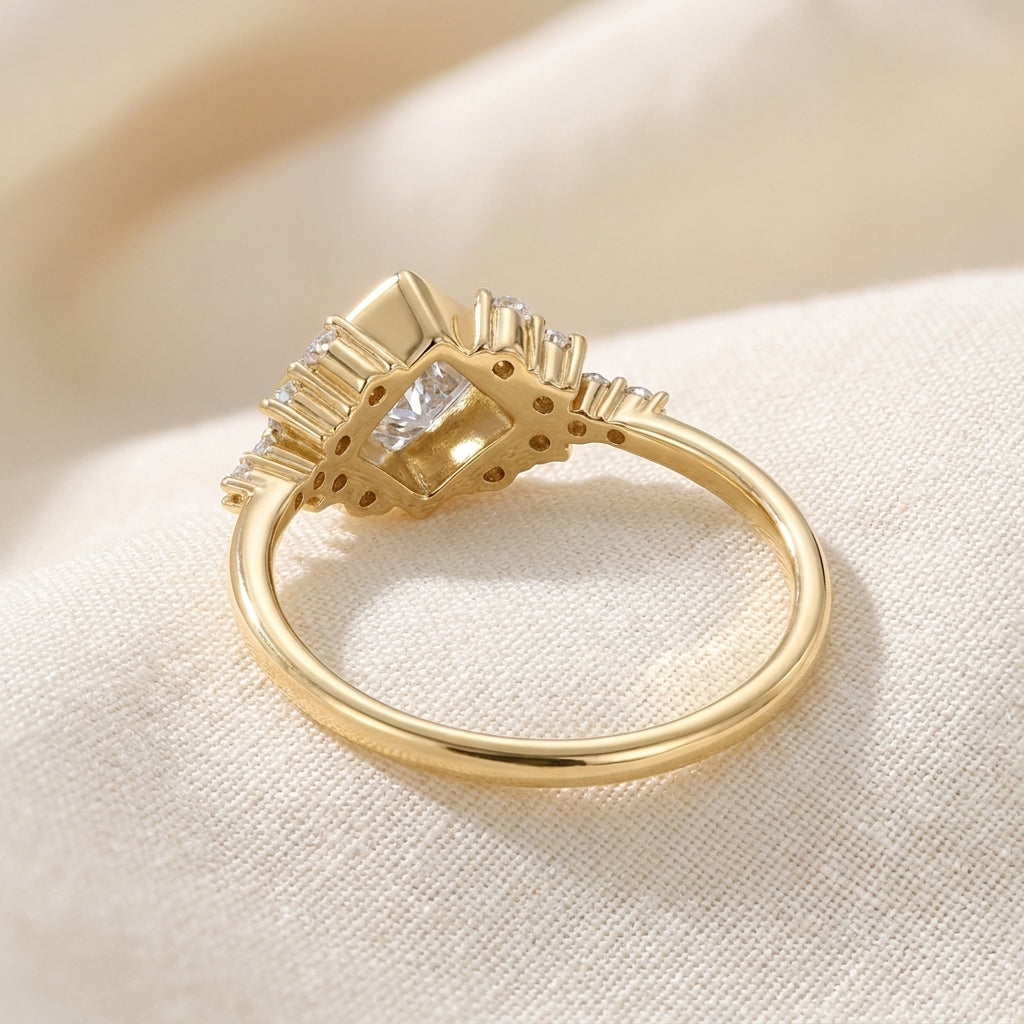Princess Cut Lab Grown Diamond Engagement Ring, Kite Set Floral Side Stones, Yellow Gold Vintage  Ring