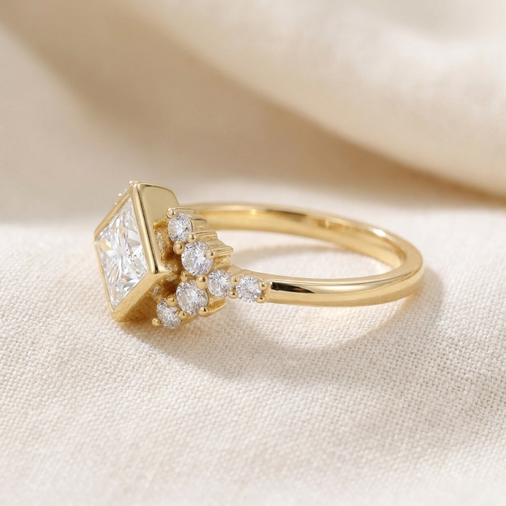 Princess Cut Lab Grown Diamond Engagement Ring, Kite Set Floral Side Stones, Yellow Gold Vintage  Ring