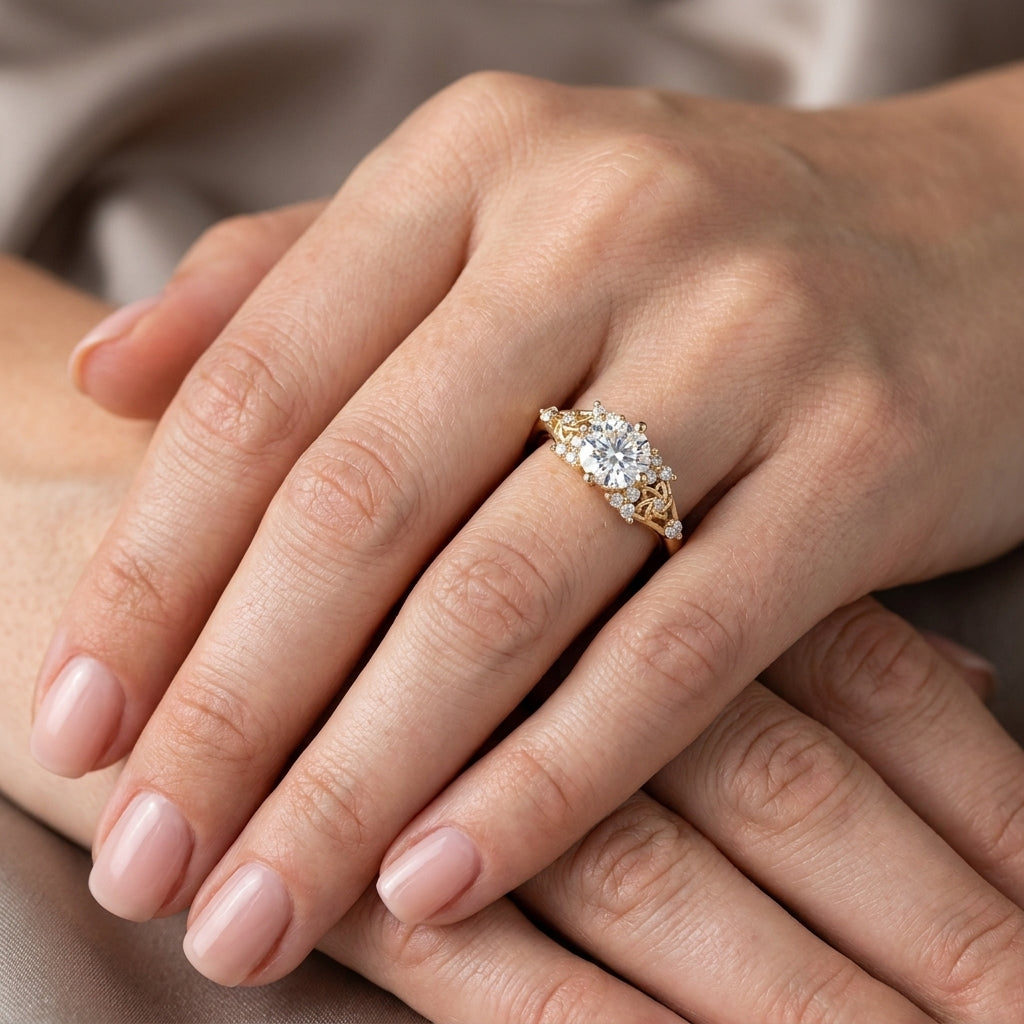 Round Cut Lab Grown Diamond Engagement Ring, Vintage Filigree Side Stones, Yellow Gold Floral Proposal Ring