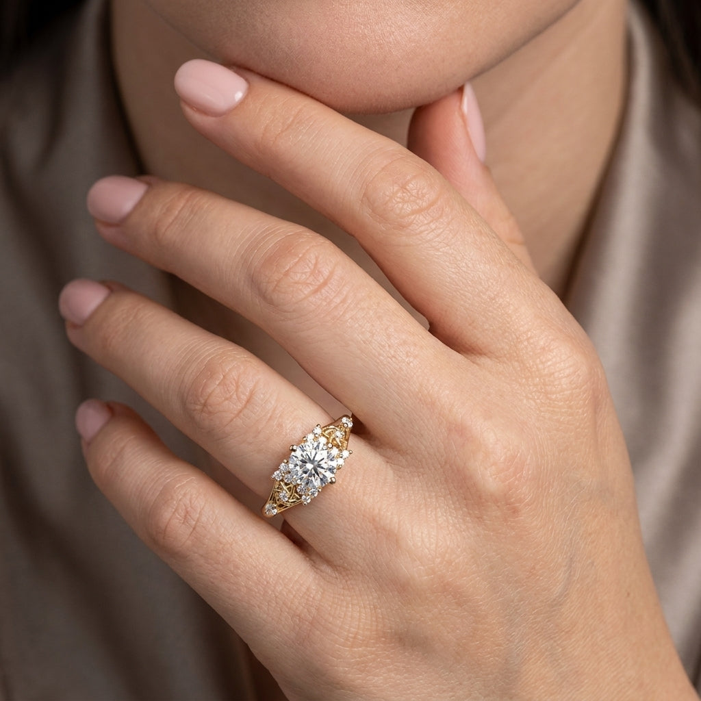Round Cut Lab Grown Diamond Engagement Ring, Vintage Filigree Side Stones, Yellow Gold Floral Proposal Ring