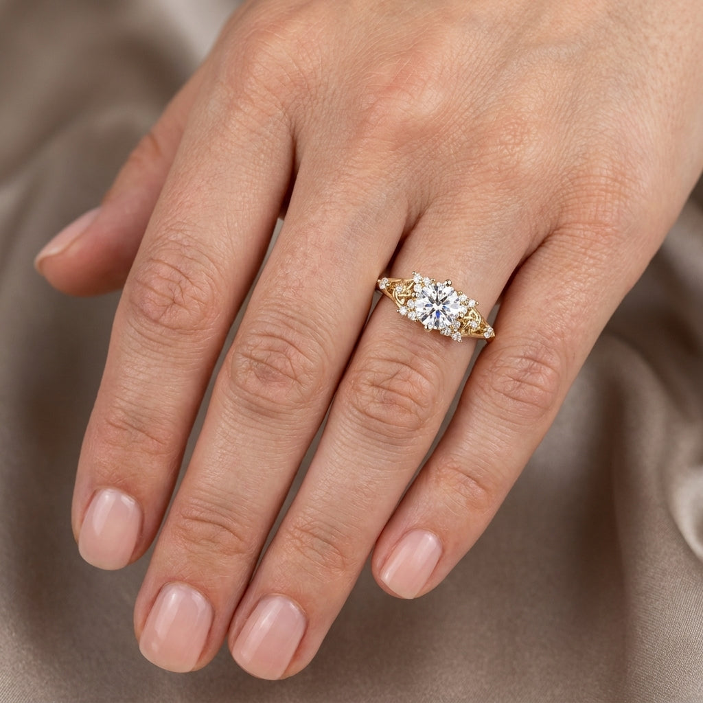 Round Cut Lab Grown Diamond Engagement Ring, Vintage Filigree Side Stones, Yellow Gold Floral Proposal Ring