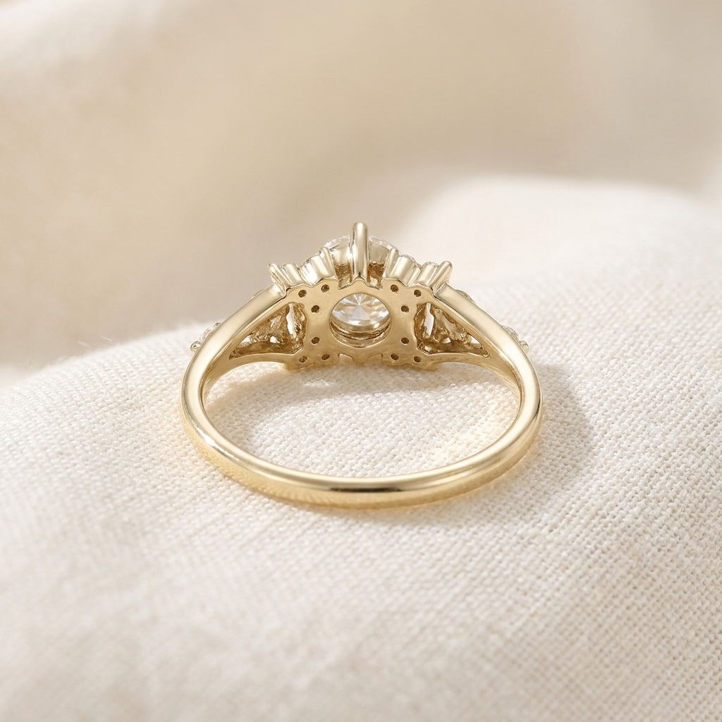 Round Cut Lab Grown Diamond Engagement Ring, Vintage Filigree Side Stones, Yellow Gold Floral Proposal Ring