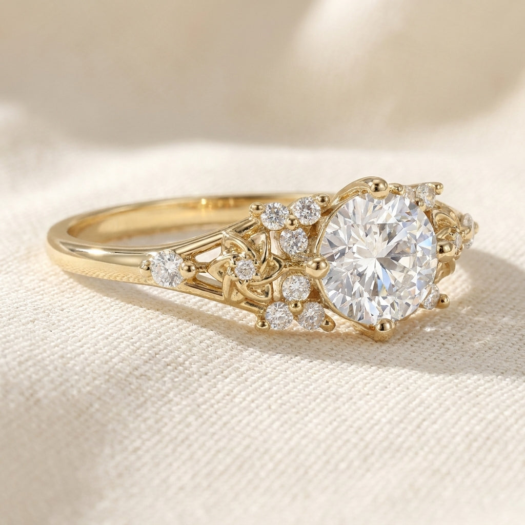 Round Cut Lab Grown Diamond Engagement Ring, Vintage Filigree Side Stones, Yellow Gold Floral Proposal Ring