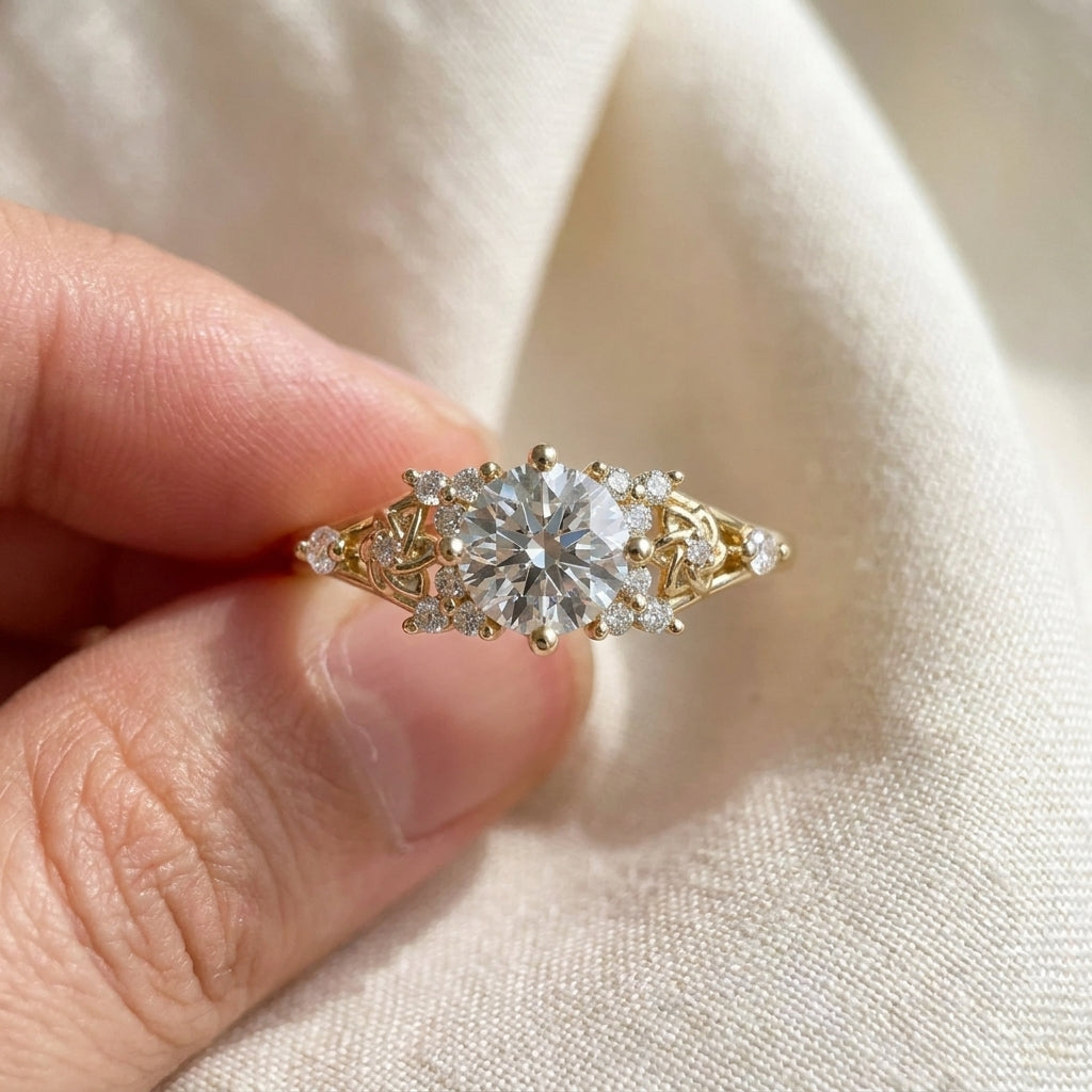 Round Cut Lab Grown Diamond Engagement Ring, Vintage Filigree Side Stones, Yellow Gold Floral Proposal Ring
