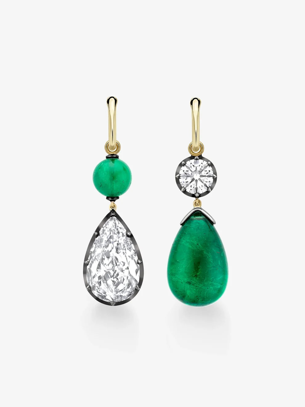 Asymmetrical Emerald & Lab Grown Diamond Drop Earrings, Two-Tone Gold Pear & Round Cut Statement Earrings