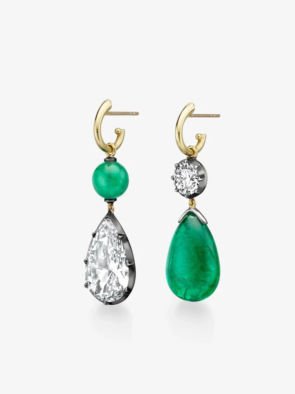 Asymmetrical Emerald & Lab Grown Diamond Drop Earrings, Two-Tone Gold Pear & Round Cut Statement Earrings