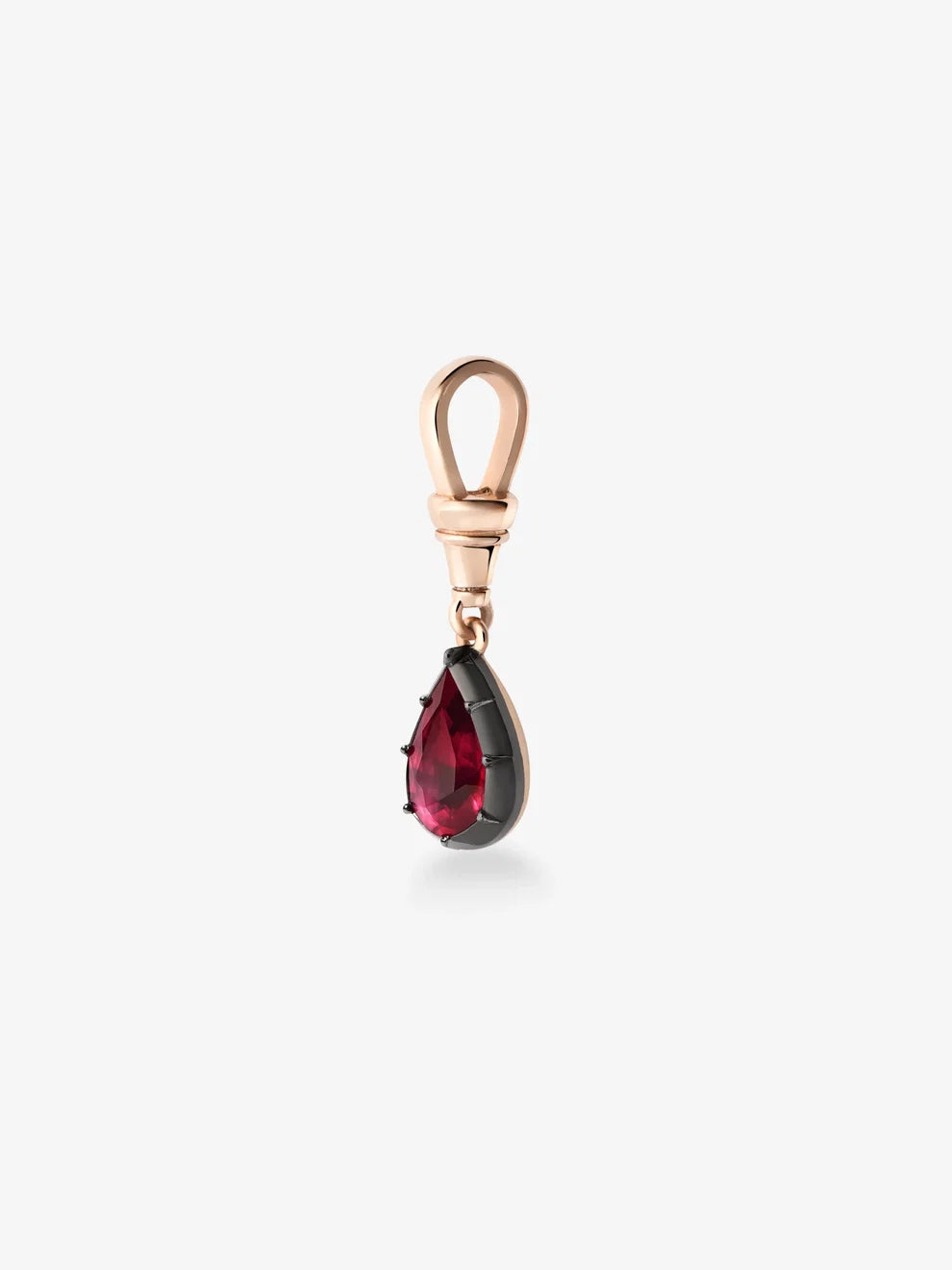 Pear Cut Ruby Pendant Charm, Red Gemstone Teardrop Dangle, Rose Gold Blackened Setting Pendant