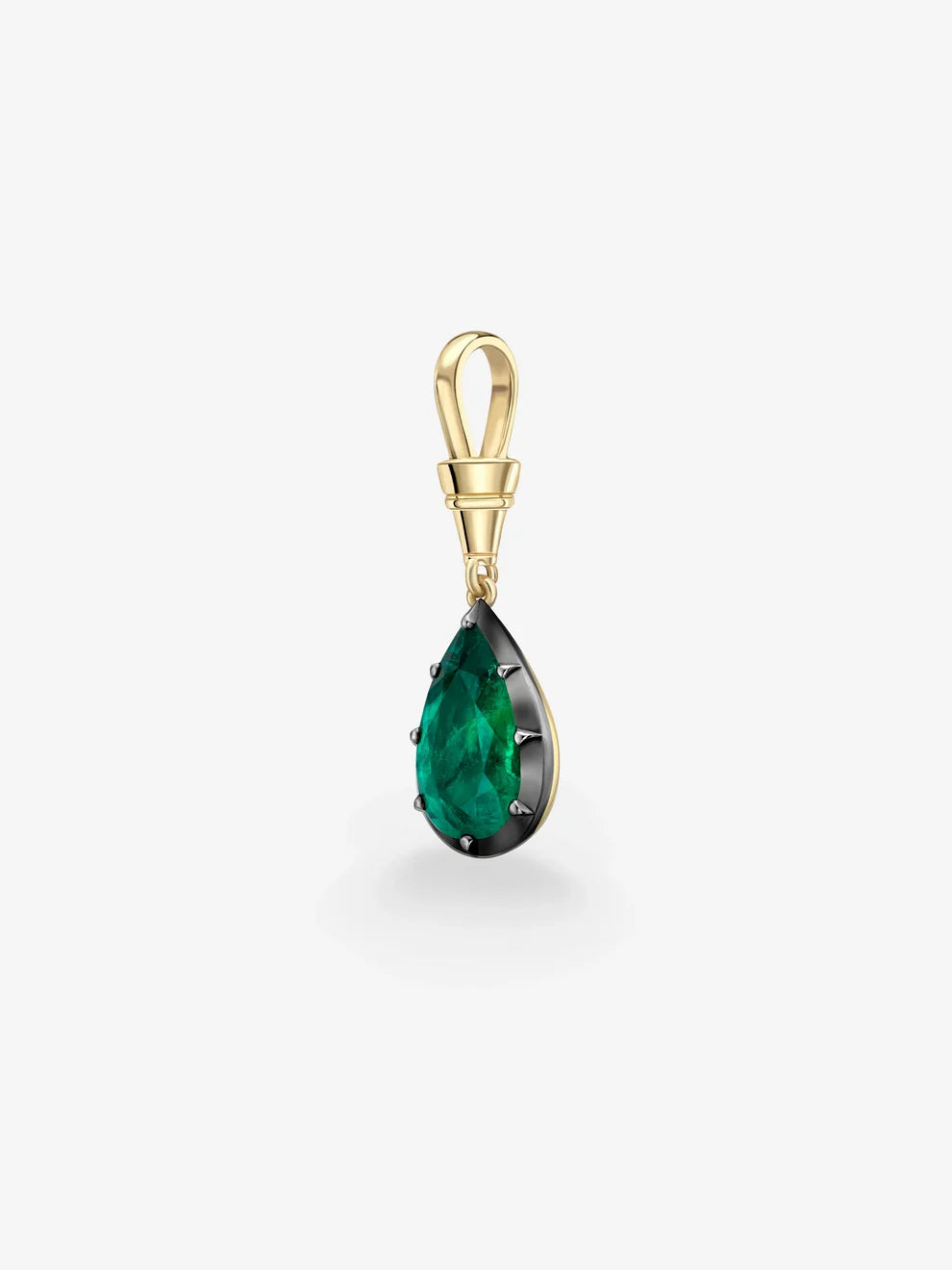Pear Cut Emerald Pendant Charm, Green Gemstone Teardrop Dangle, Blackened Setting Yellow Gold Pendant