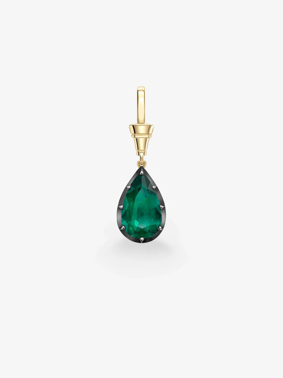 Pear Cut Emerald Pendant Charm, Green Gemstone Teardrop Dangle, Blackened Setting Yellow Gold Pendant