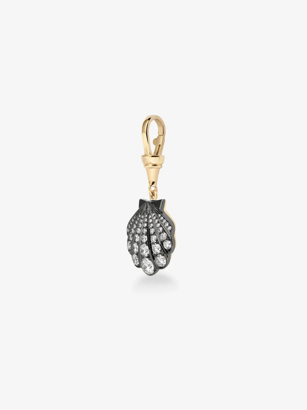 Diamond Shell Pendant, Ocean Inspired Seashell Charm, Yellow Gold and Black Rhodium Diamond Pendant