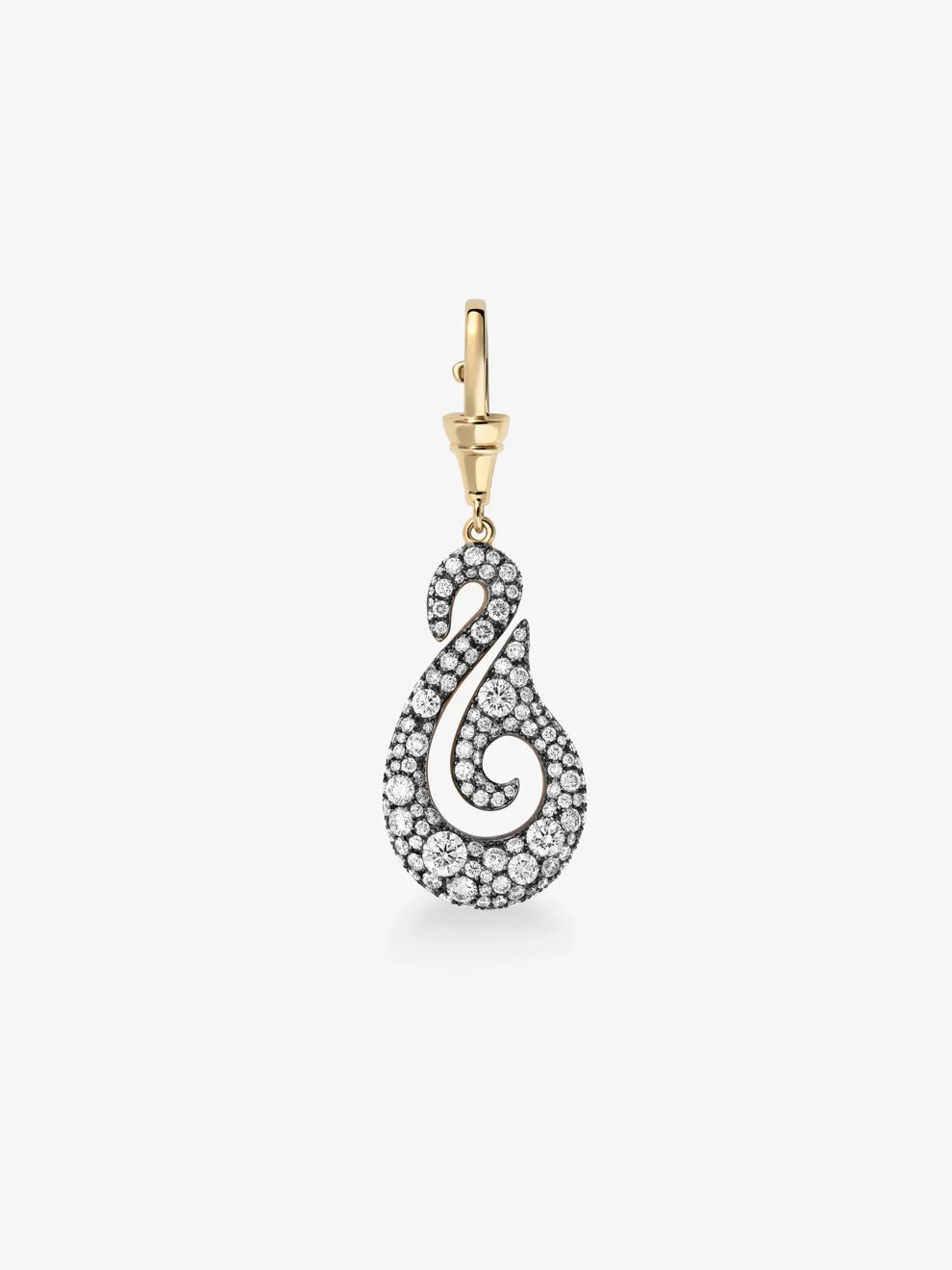 Diamond Swirl Drop Pendant, Abstract Scroll Charm, Yellow Gold and Black Rhodium Accent Pendant