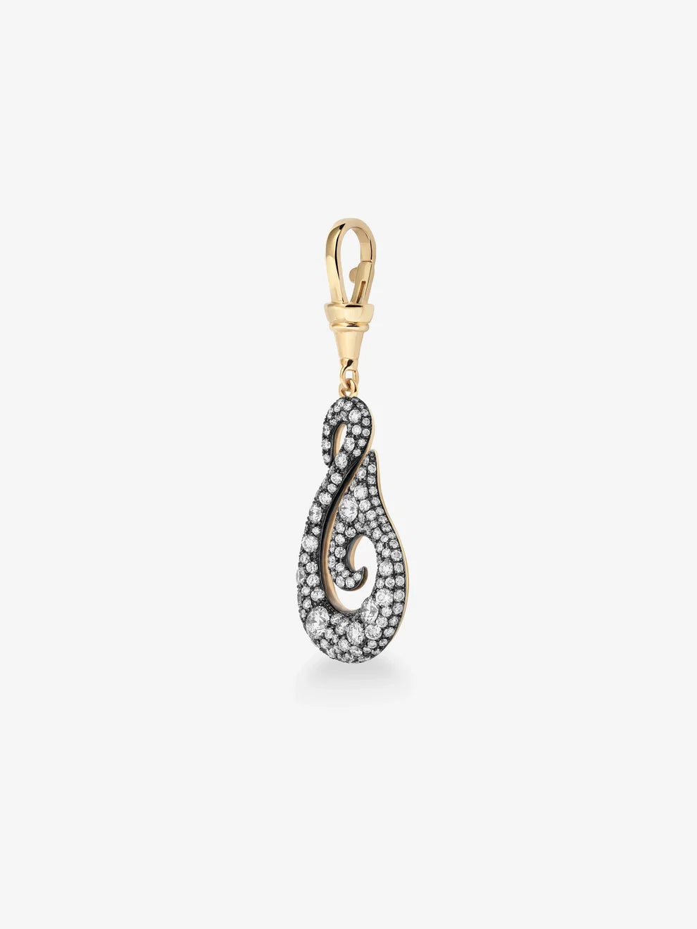 Diamond Swirl Drop Pendant, Abstract Scroll Charm, Yellow Gold and Black Rhodium Accent Pendant