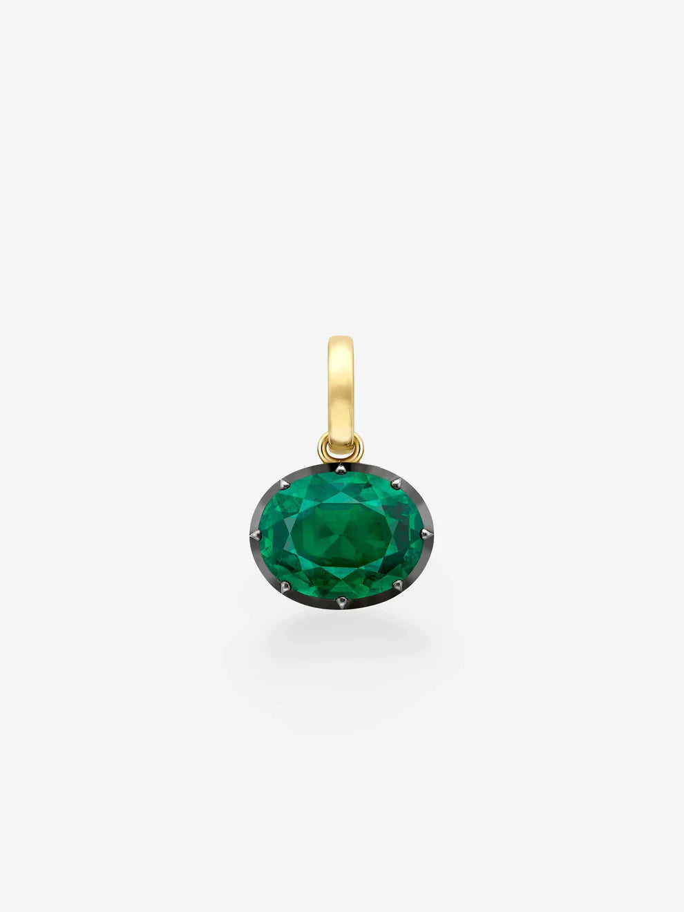 Oval Cut Emerald Pendant Charm, Green Gemstone Solitaire Dangle, Yellow Gold Blackened Setting Pendant