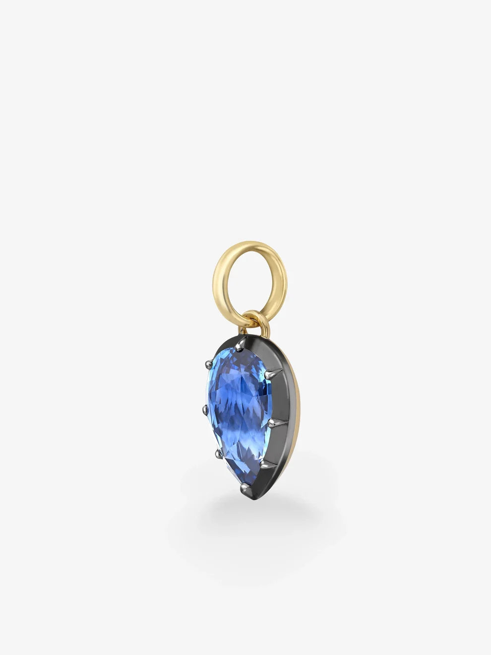 Pear Cut Blue Sapphire Pendant Charm, Blue Gemstone Teardrop Dangle, Yellow Gold Blackened Setting Pendant