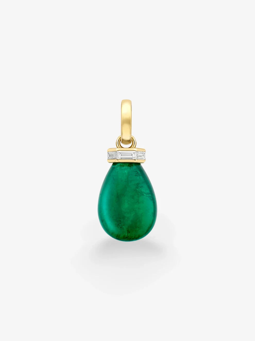 Emerald Teardrop Pendant Charm, Baguette Diamond Accent Bail, Yellow Gold Green Gemstone Drop Pendant