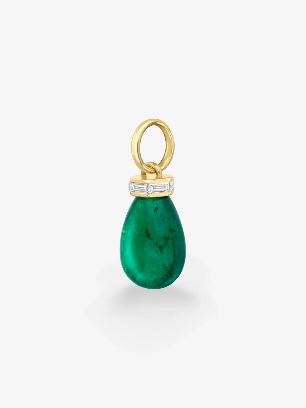 Emerald Teardrop Pendant Charm, Baguette Diamond Accent Bail, Yellow Gold Green Gemstone Drop Pendant