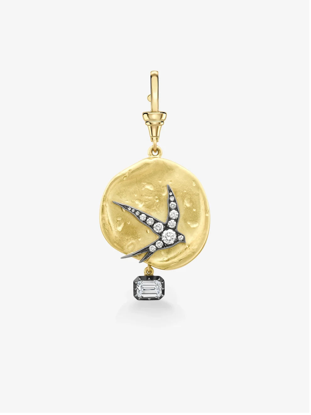 Swallow Bird Diamond Pendant Charm, Emerald Cut Diamond Drop Medallion, Organic Yellow Gold Disc Pendant
