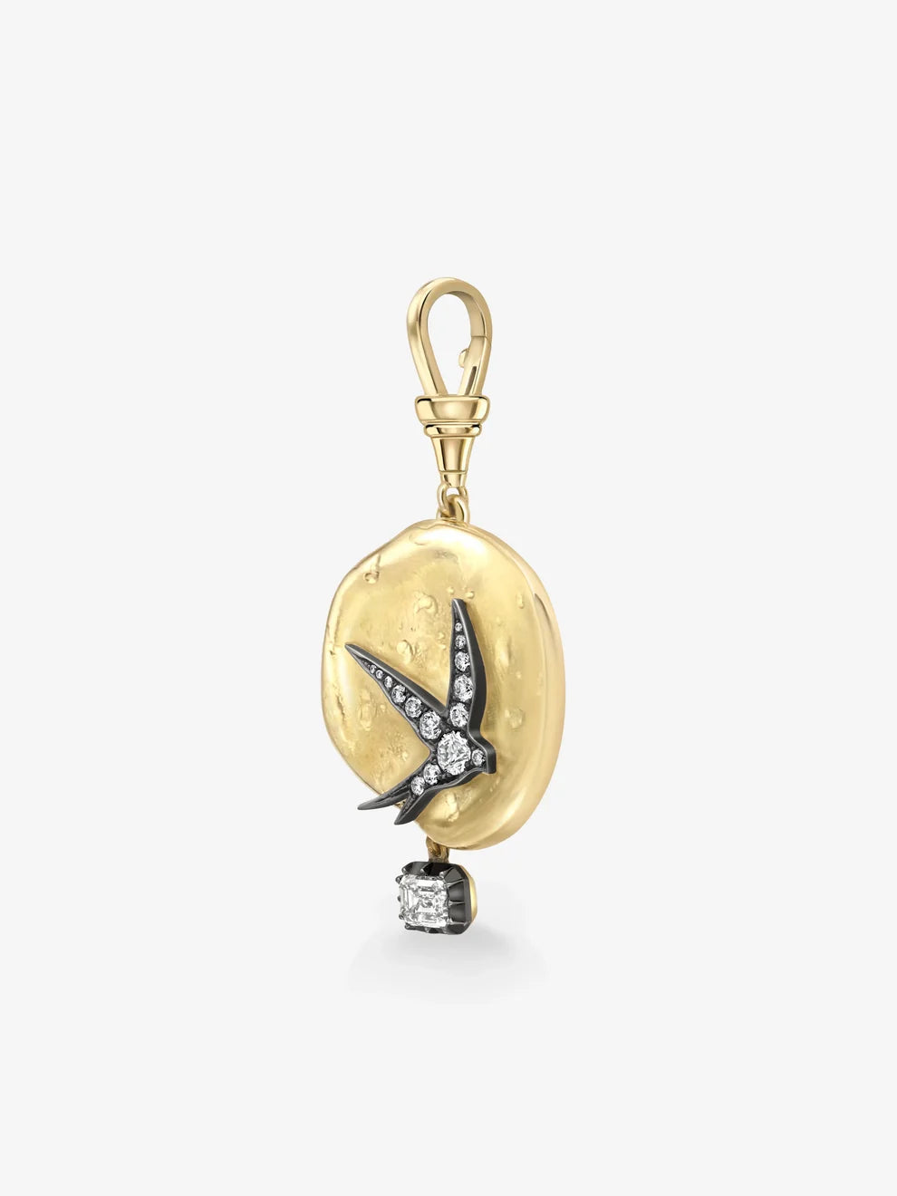 Swallow Bird Diamond Pendant Charm, Emerald Cut Diamond Drop Medallion, Organic Yellow Gold Disc Pendant