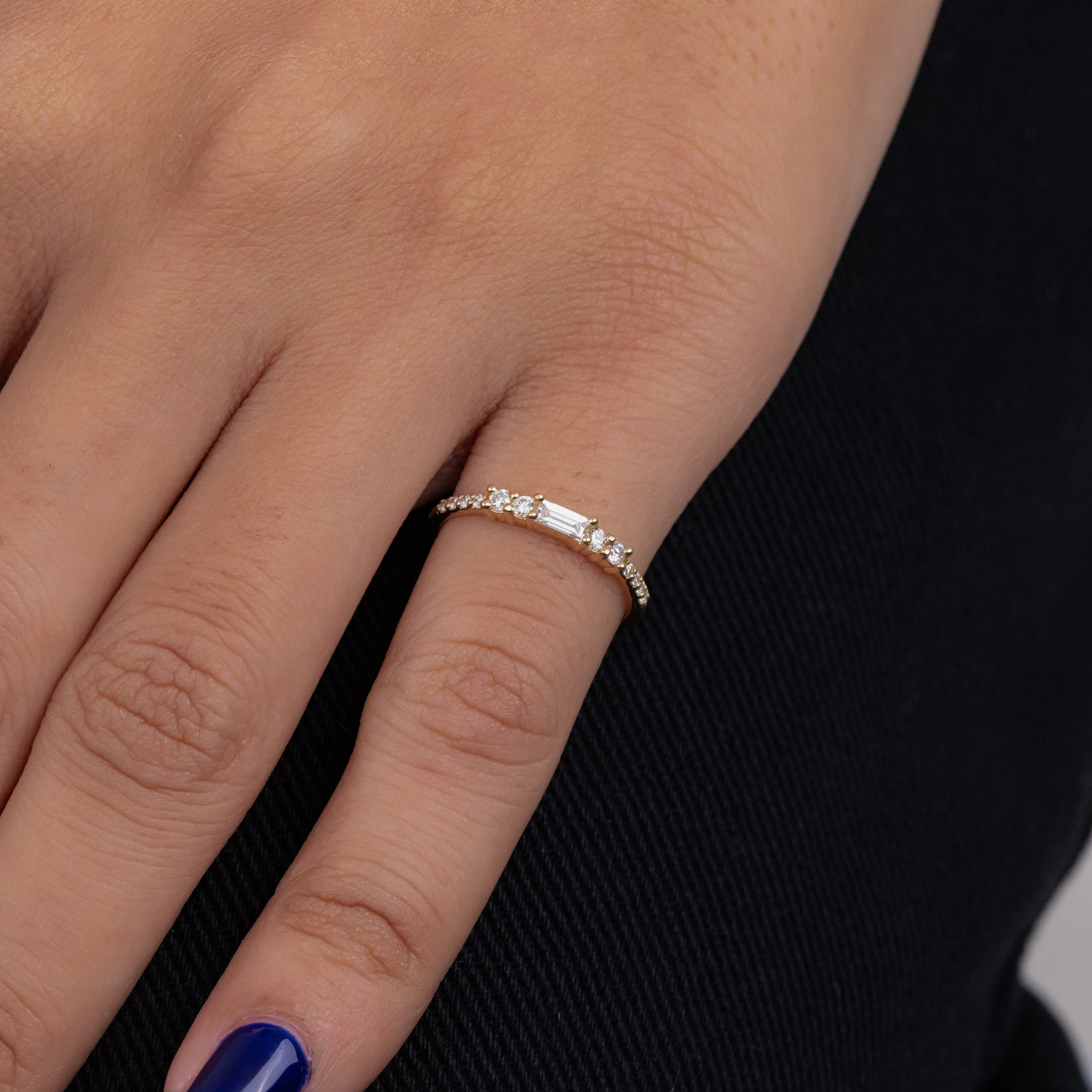 Horizontal Baguette and Round Lab Grown Diamond Wedding Band, Yellow Gold Stackable Ring