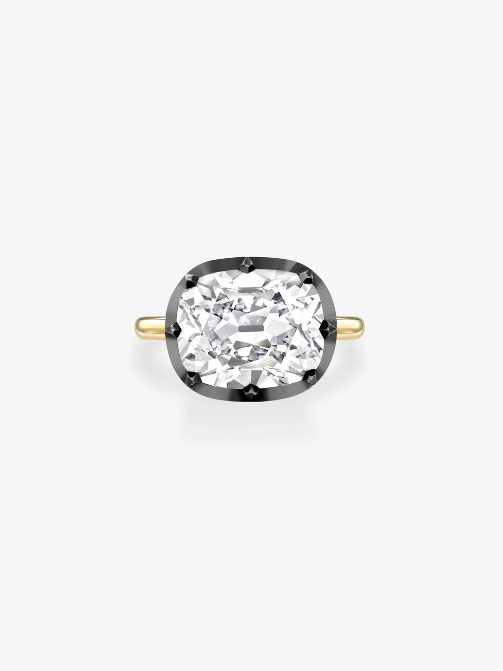 East-West Cushion Cut Lab Grown Diamond Engagement Ring, Dark Bezel Solitaire Ring