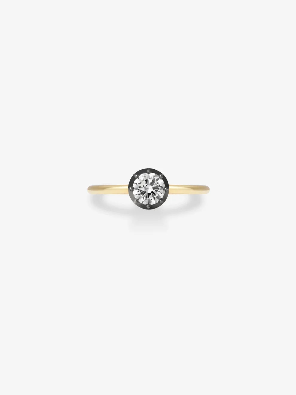Round Cut Lab Grown Diamond Solitaire Ring, Black Enamel Collet Setting Yellow Gold Engagement Ring