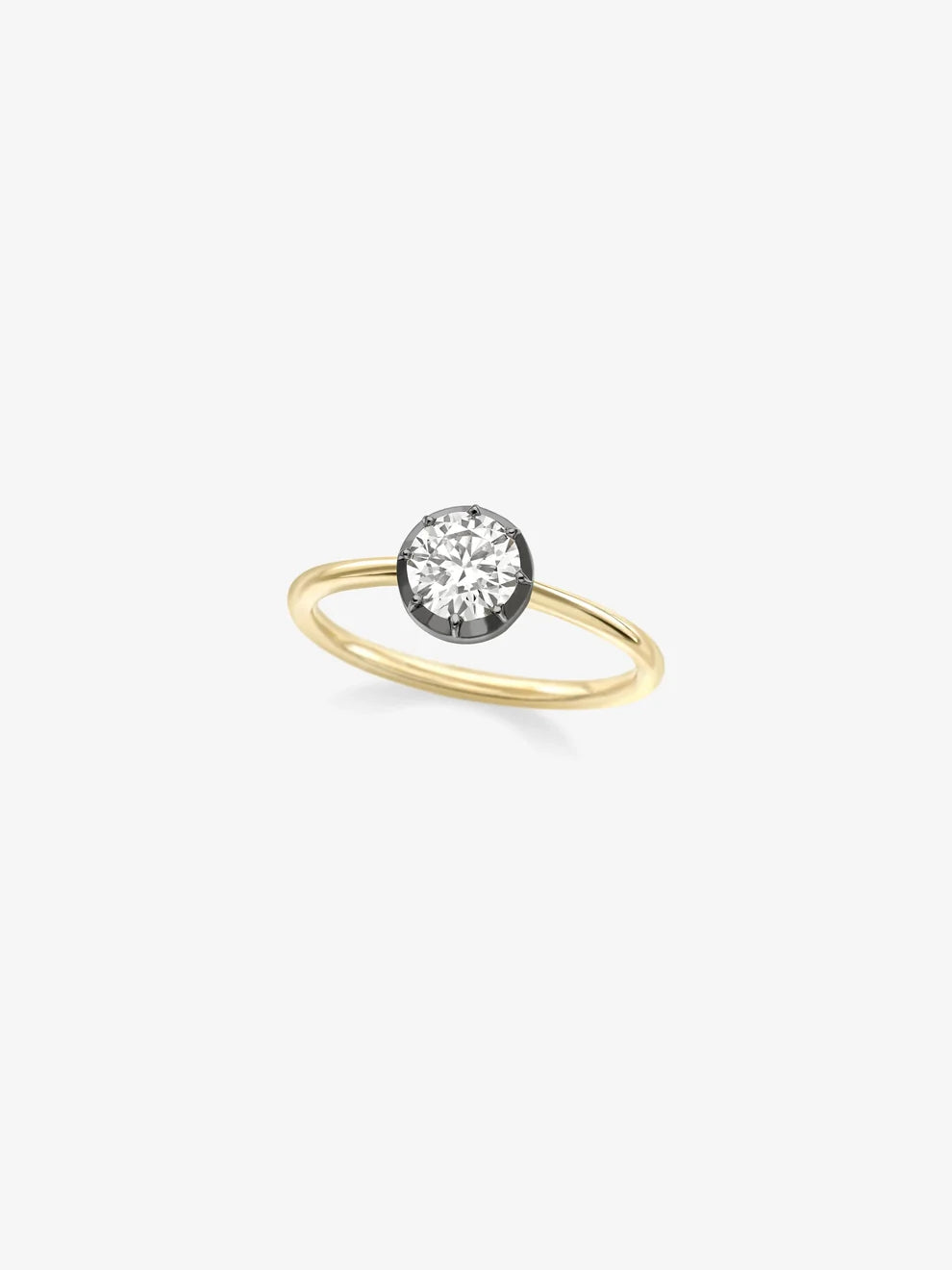 Round Cut Lab Grown Diamond Solitaire Ring, Black Enamel Collet Setting Yellow Gold Engagement Ring