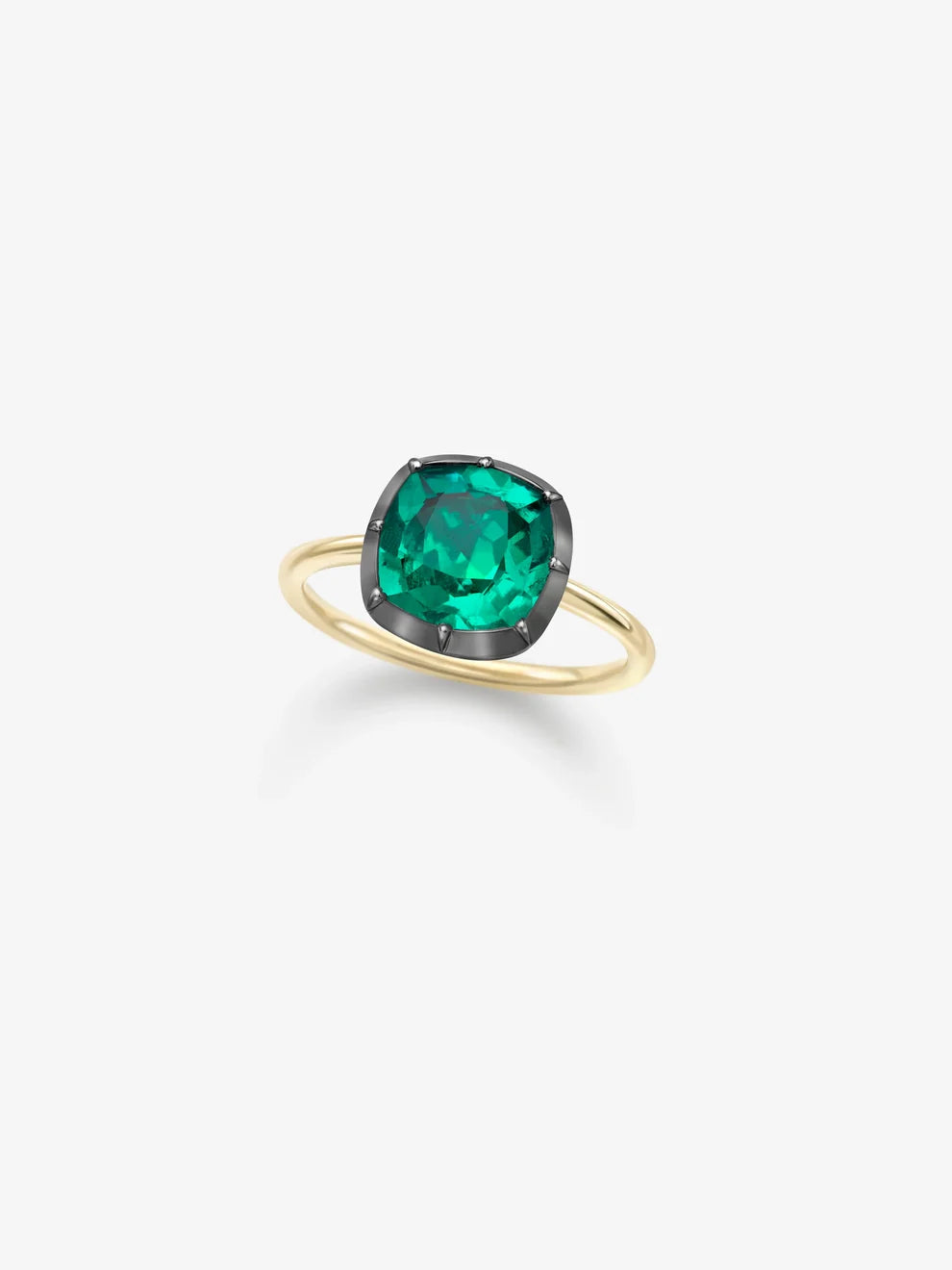 Cushion Cut Lab Grown Emerald Engagement Ring, Black Rhodium Bezel Solitaire Ring
