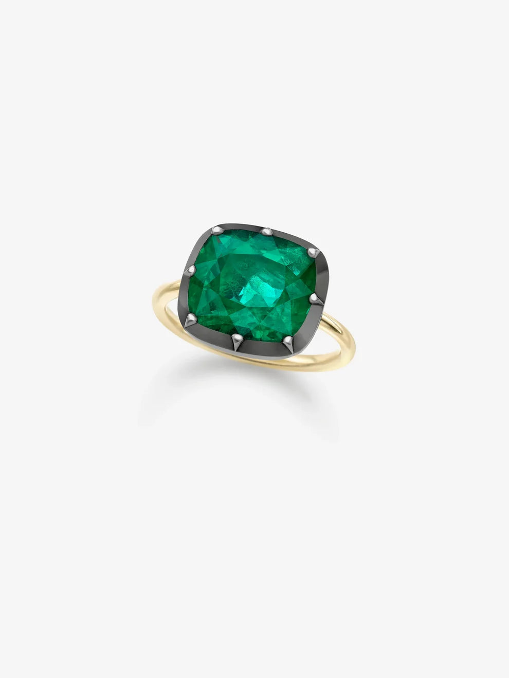 Cushion Cut Lab Grown Emerald Solitaire Ring, Dark Bezel Gemstone Ring