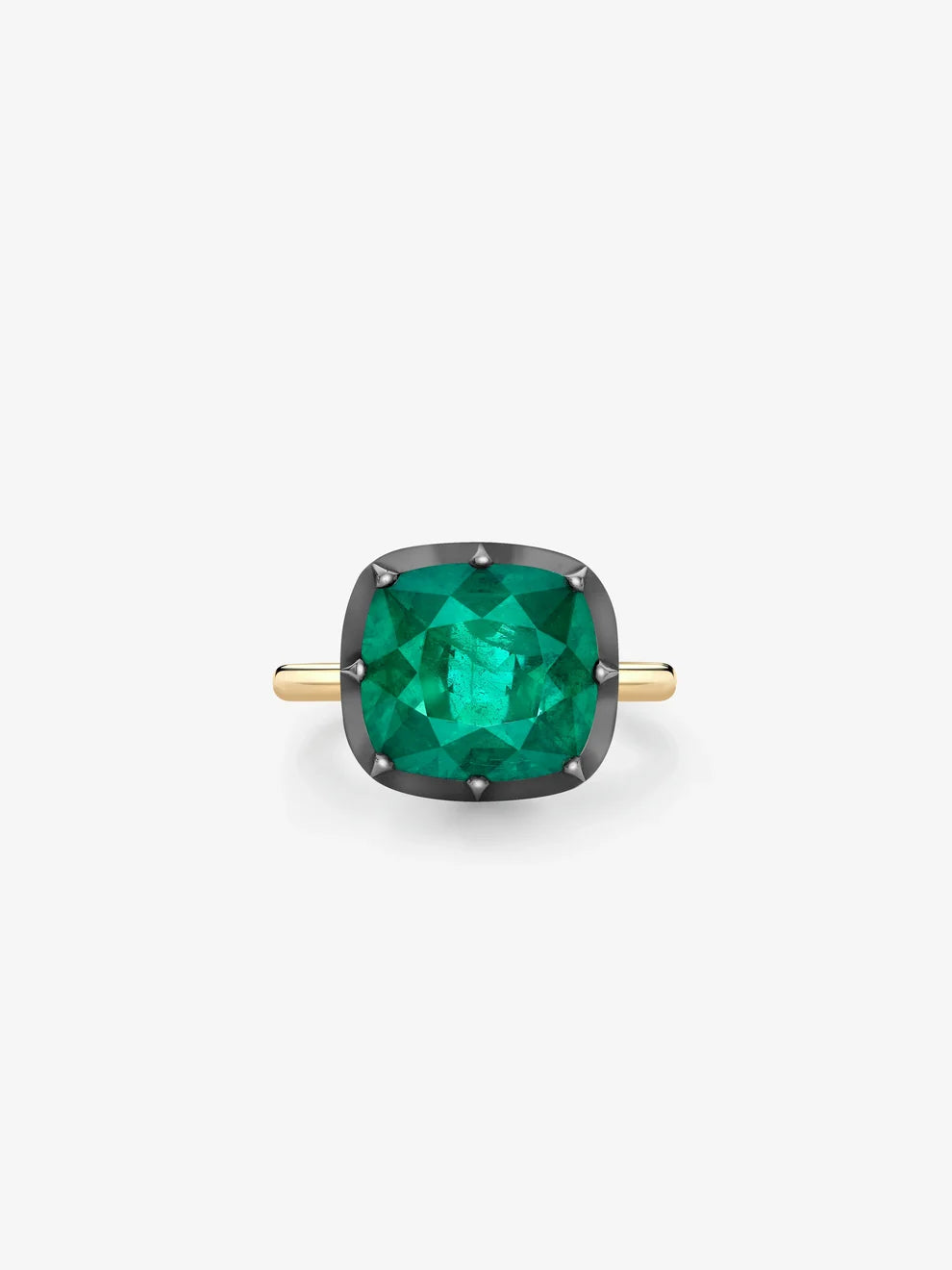 Cushion Cut Lab Grown Emerald Solitaire Ring, Dark Bezel Gemstone Ring